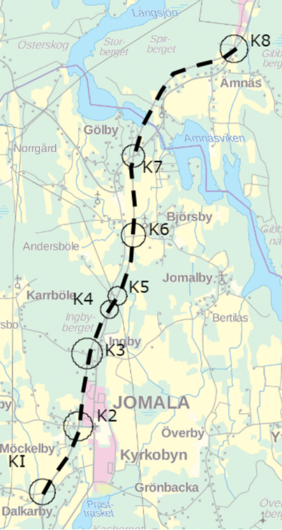 Fokus ligger på de åtta större korsningspunkterna längs sträckan benämnda: