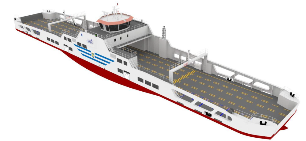 Den planerade elhybridfärjan, modell sedd ur fågelperspektiv