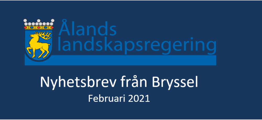 Texten nyhetsbrev från Bryssel och landskapsregeringens logo på mörkblå bakgrund.
