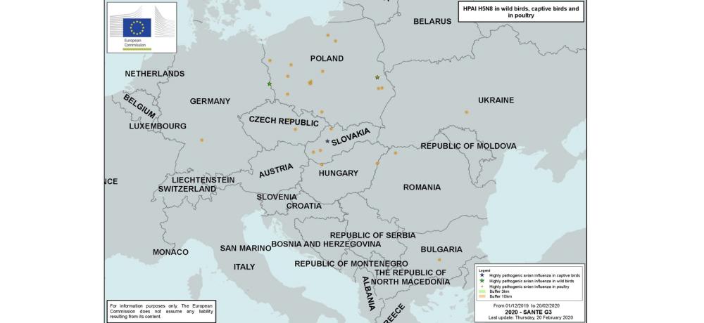 Karta över Mellaneuropa där de senaste fallen av högpatogen fågelinfluensa H5N8 finns utmärkta.