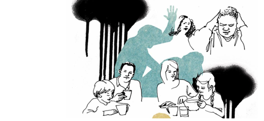 Tecknad bild med vuxna och barn i vardagliga situationer, en silhuett av någon som slår en annan person och mörka moln.