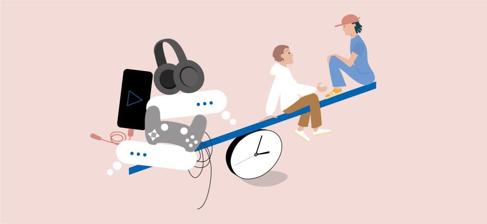 Illustration av människor, deras tid och teknikprylar