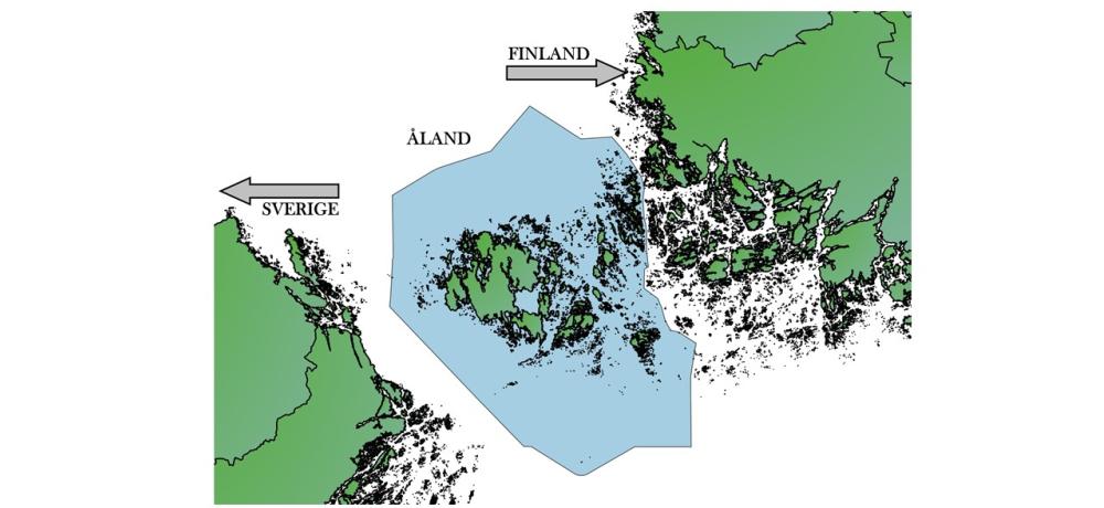 Kartbild av Åland med alla öarna där även svenska fastlandet och finländska fastlandet syns i bilden.