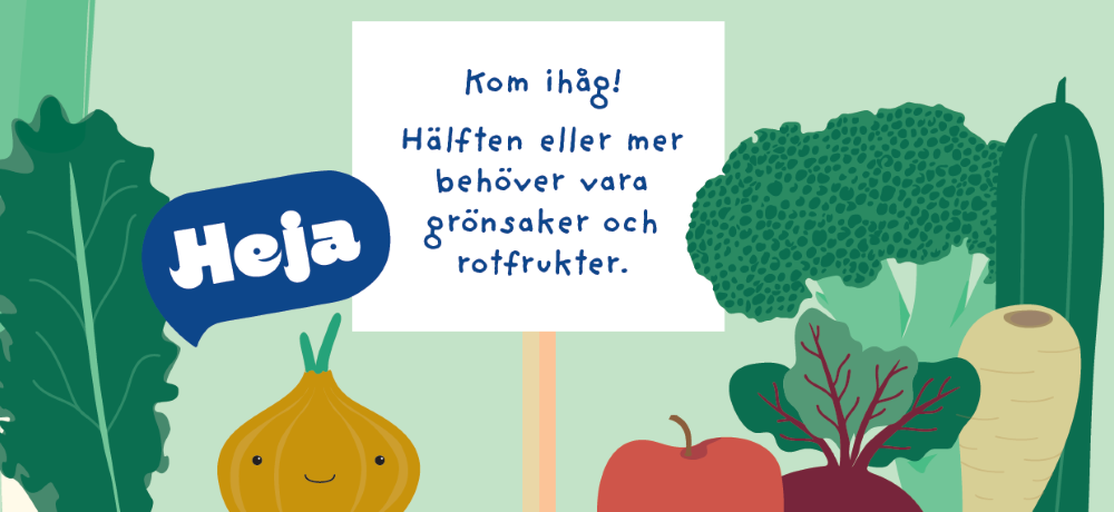 Tecknade grönsaker som håller en skylt med texten "Kom ihåg! Hälften eller mer behöver vara grönsaker och rotfrukter."
