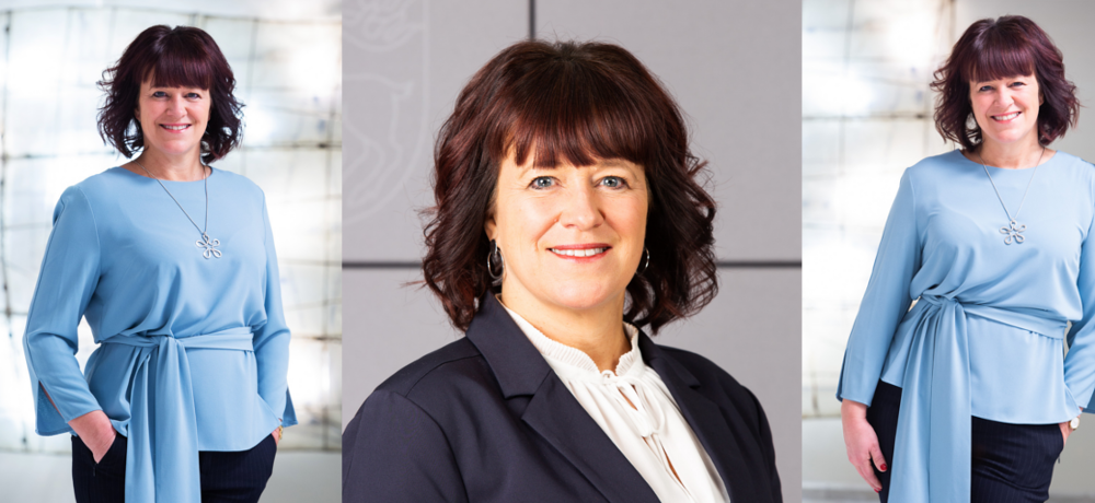 Tre bilder av social- och hälsovårdsminister Annette Holmberg-Jansson.