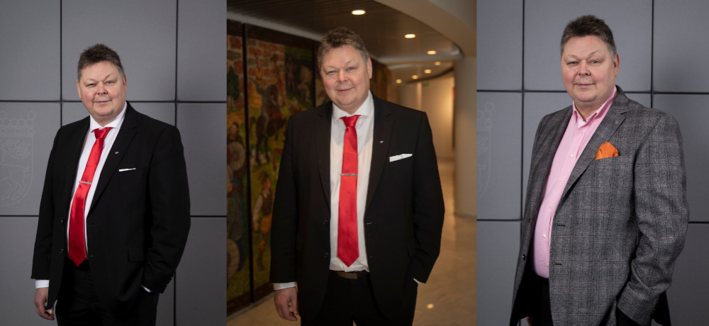 Tre bilder av finansminister Roger Höglund.