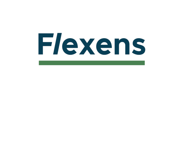 Flexens logo, texten Flexens med ett grönt streck under.