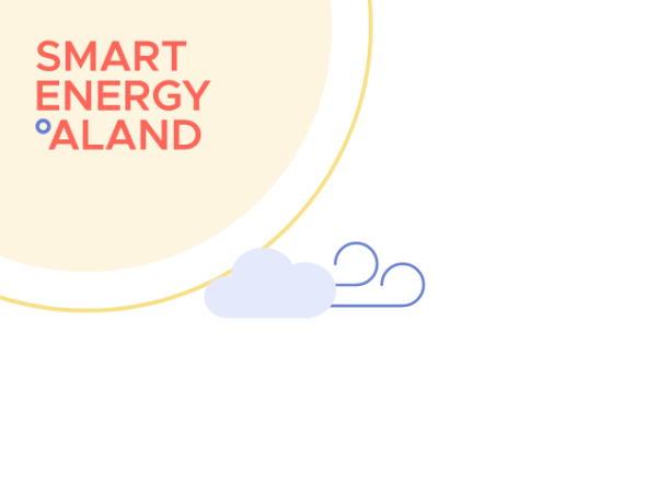 Texten Smart Energy Åland i en ring, bredvid i bild ett moln med symboler för vindpustar.